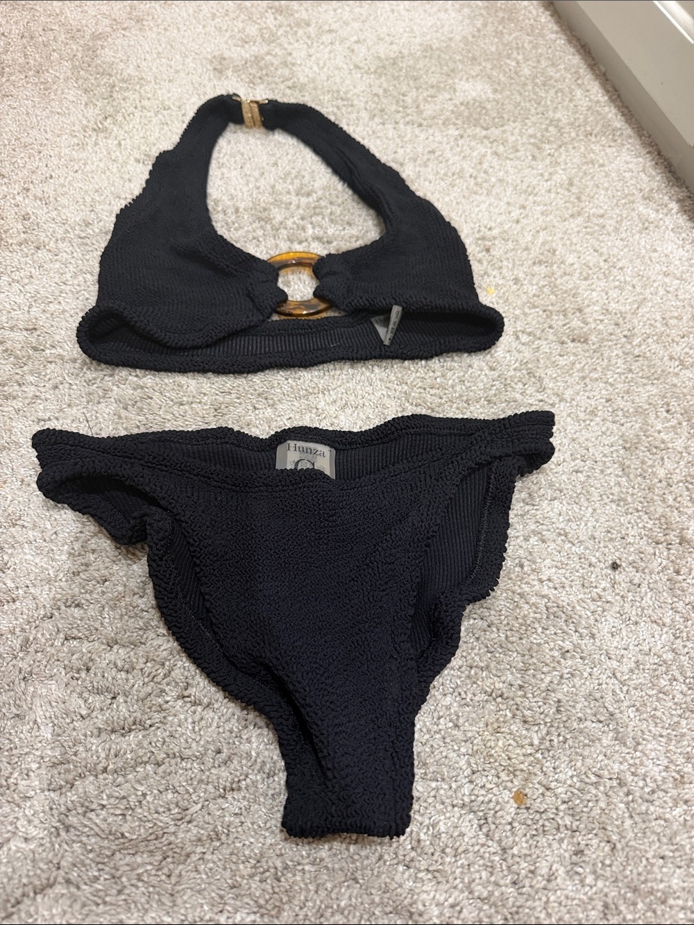 Hunza G Black Crinkle Halter Bikini with Decorative Ring